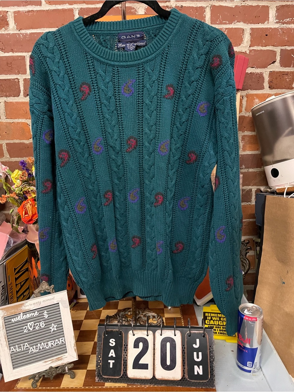 Vintage 90’s GANT Teal Cable Knit Paisley Sweater